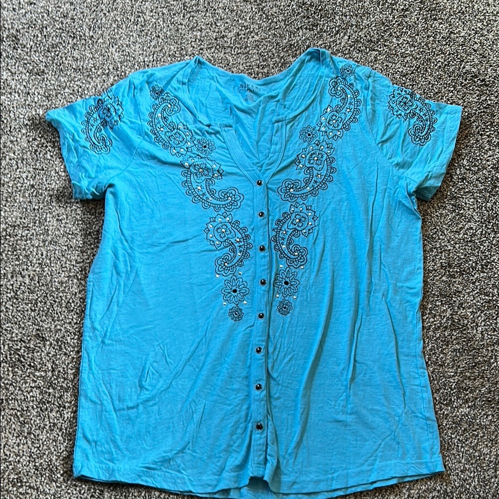 Roper Blue Short Sleeve Embellished Blouse